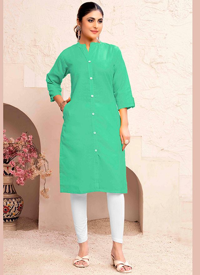 Sea Green Color Magic Cotton Fabric Solid Designer Formal Girlie Kurta