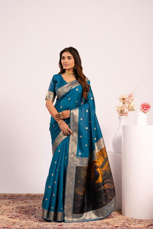 Firozi Color Banarasi Silk Saree For Festive Ethnic Saree