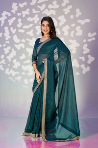 Teal Blue Color Crunchy Fabric Embroidery Work Ready To Wear Saree