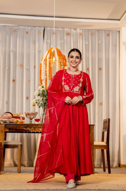 Red Color Beautiful Partywear Kurta Set With Dupatta For Stylish Looks