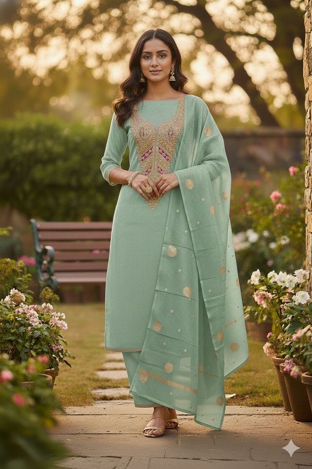 Green Color Kasha Simmer Fabric Designer Embroidered Partywear Salwar Kameez