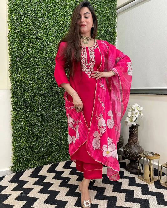 Women's Beautiful Viscose Chanderi Fabric Embroidery Work Straight Kurta Pant and Dupatta Set Rani