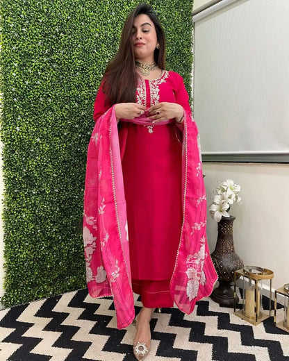 Women's Beautiful Viscose Chanderi Fabric Embroidery Work Straight Kurta Pant and Dupatta Set Rani