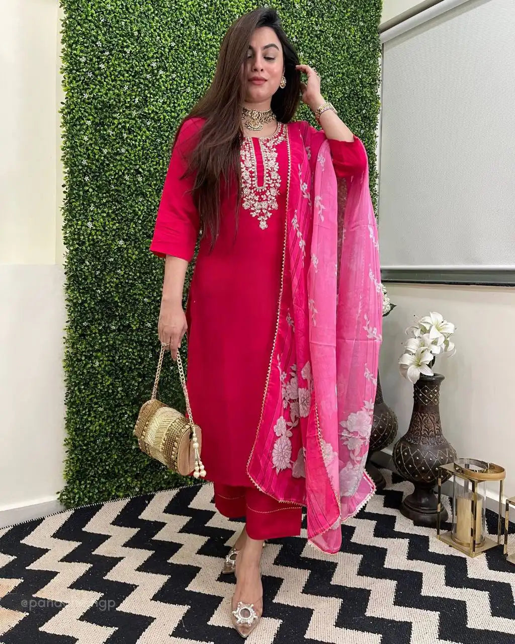 Women's Beautiful Viscose Chanderi Fabric Embroidery Work Straight Kurta Pant and Dupatta Set Rani