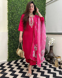 Women's Beautiful Viscose Chanderi Fabric Embroidery Work Straight Kurta Pant and Dupatta Set Rani