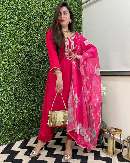 Women's Beautiful Viscose Chanderi Fabric Embroidery Work Straight Kurta Pant and Dupatta Set Rani