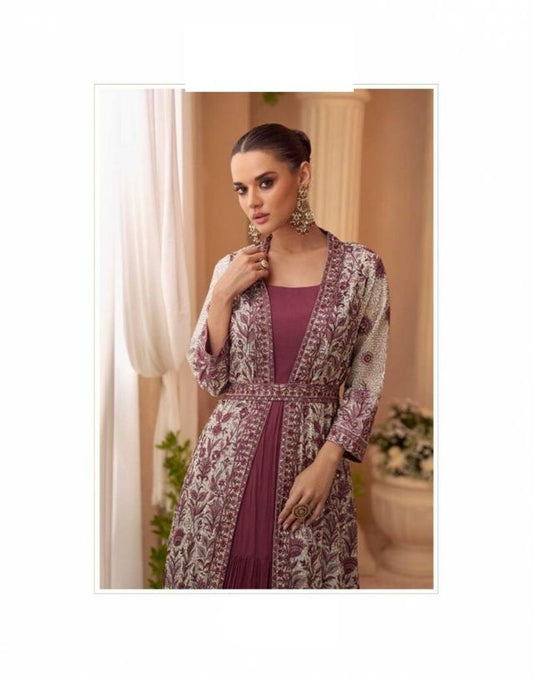 Heavy Silks Purple Long Top With Silk Shrug Free Size Upto 42