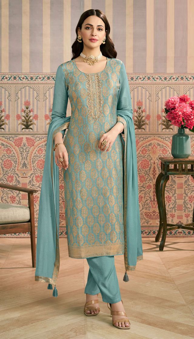 Sky Blue Color Viscose Jacquard Fabric Woven Designer Partywear Salwar Kameez