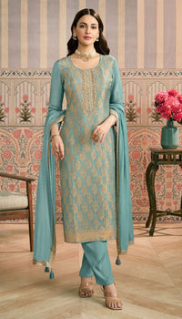 Sky Blue Color Viscose Jacquard Fabric Woven Designer Partywear Salwar Kameez