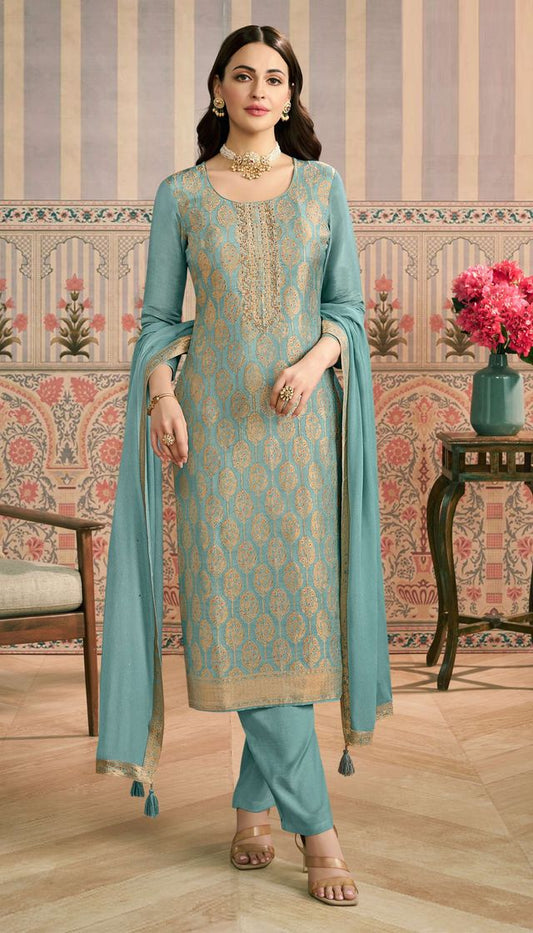 Sky Blue Color Viscose Jacquard Fabric Woven Designer Partywear Salwar Kameez