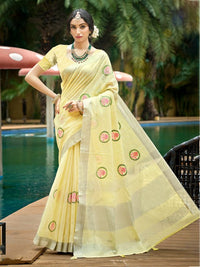Yellow Color Linen Fabric Woven Designer Saree With Floral Embroidered Work