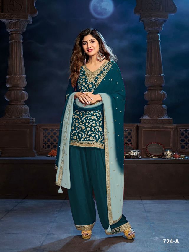 Teal Dola Silk Semi stitched Wedding Suits