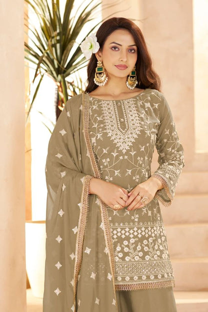 Beige Georgette All Over Cotton Thread & Sequins Work Palazzo Sets Size upto 44
