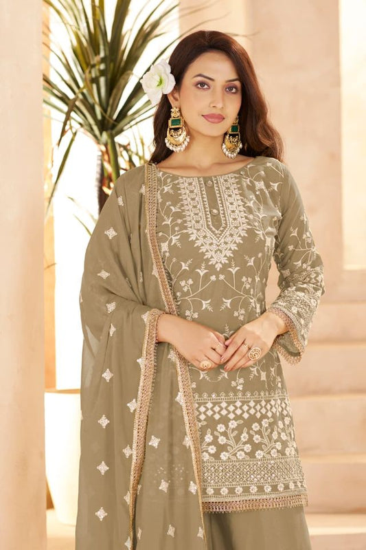 Beige Georgette All Over Cotton Thread & Sequins Work Palazzo Sets Size upto 44