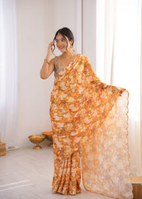 Mustard Color Chinon Fabric Digital Print Smart Ethnic Saree