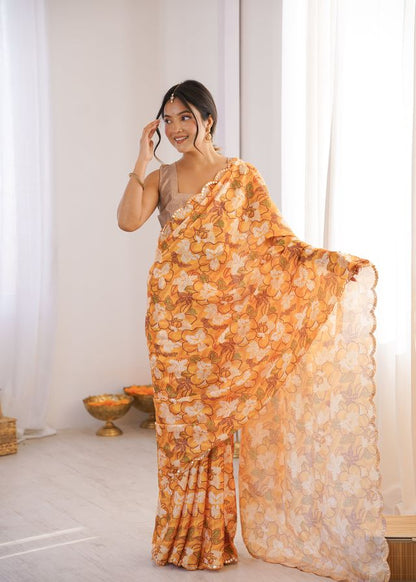 Mustard Color Chinon Fabric Digital Print Smart Ethnic Saree