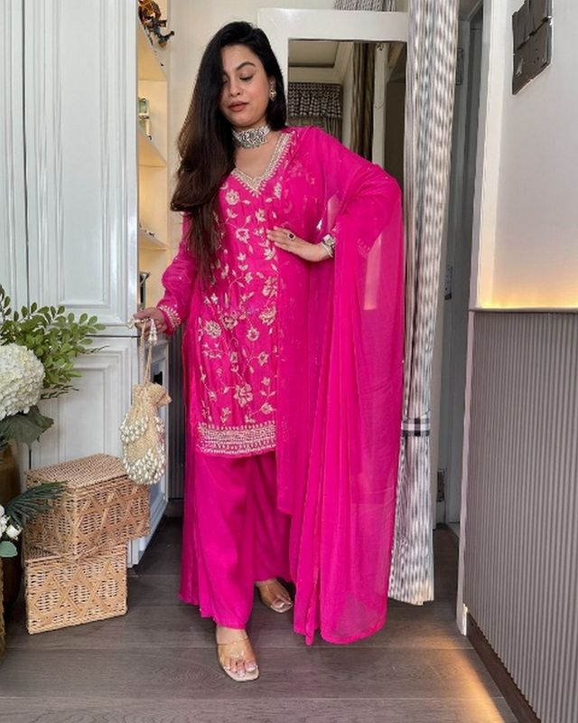 PinkColor Chinon Fabric Designer Embroiderd Stitched Suit