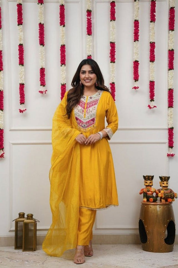 Yellow Chanderi Fabric Beautiful Graceful Ceremonial Kurta Set