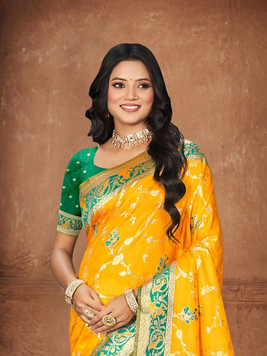 Yellow Color Silk Fabric Woven Designer Ethnic Partywear Saree