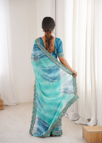 Sky Blue Color Georgette Chiffon Fabric Saree With Designer Festive Looks Saree