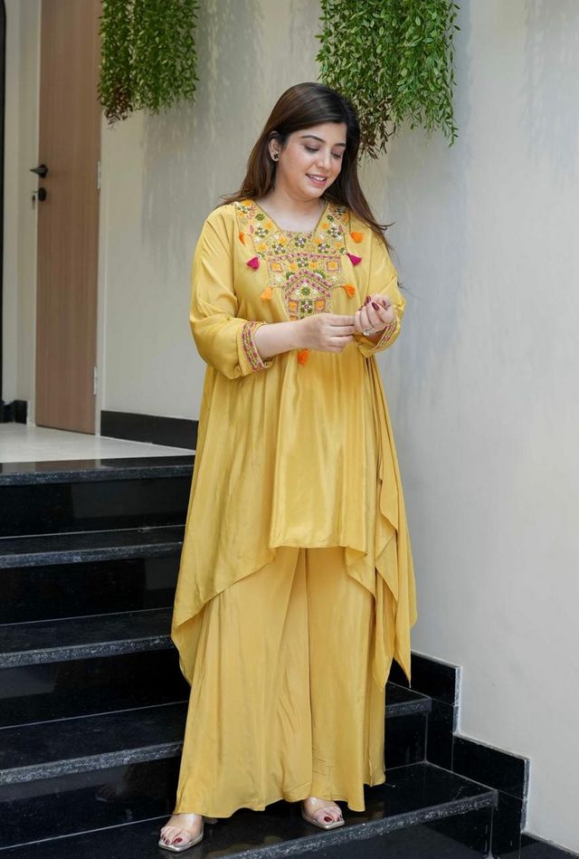 Yellow Color French Crepe Fabric Designer Ethnic Readymade Kurta Set