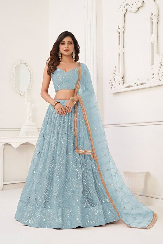Sky Blue Color Butterfly Net Fabric Designer Sequins Embroidered Ceremonial Lehenga Choli