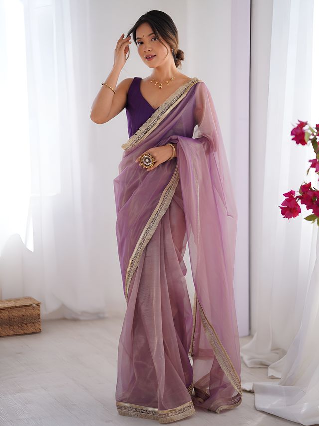 Onion Color Stylish Gold Net Fabric Graceful Girlie Saree