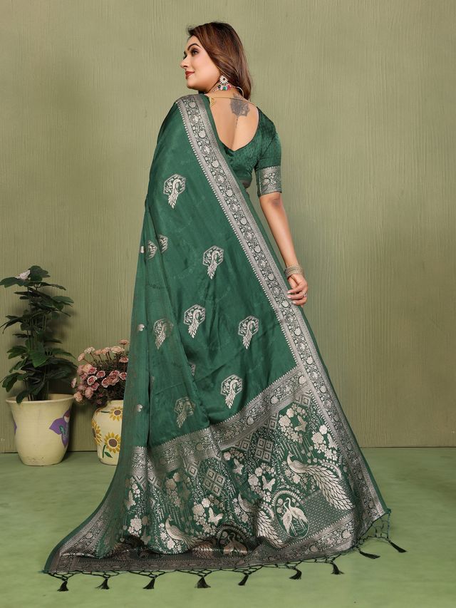 Green Color Satin Silk Fabric Woven Jari Designer Partywear Saree
