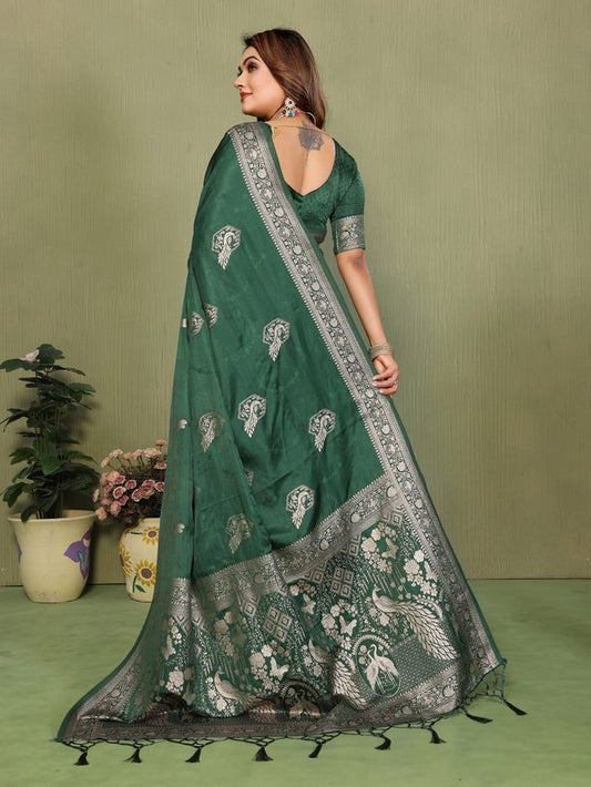 Green Color Satin Silk Fabric Woven Jari Designer Partywear Saree
