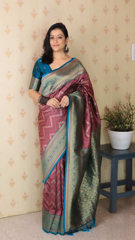 Coral Color Banarasi Silk Fabric Woven Designer Traditional Saree