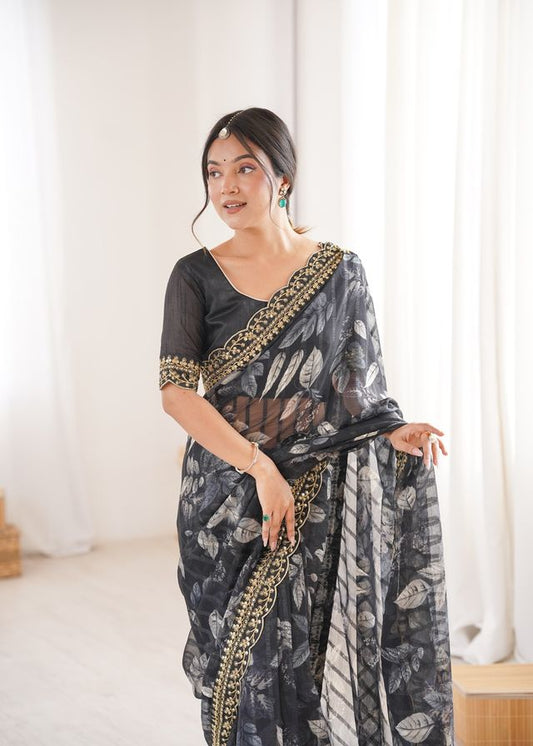 Black Color Marble Patta Fabric Stylish Festive Special Saree