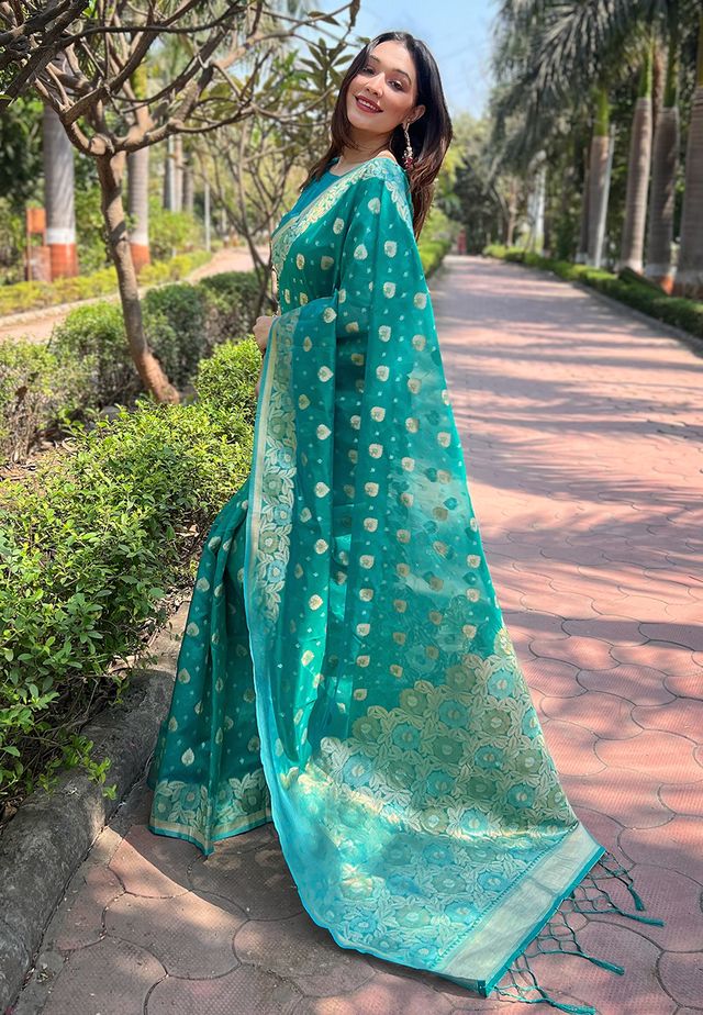 Sea Green Color Organza Fabric Woven Designer Ceremonial Partywear Saree