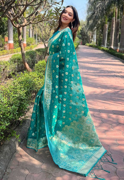 Sea Green Color Organza Fabric Woven Designer Ceremonial Partywear Saree