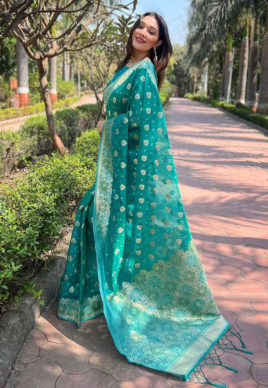 Sea Green Color Organza Fabric Woven Designer Ceremonial Partywear Saree