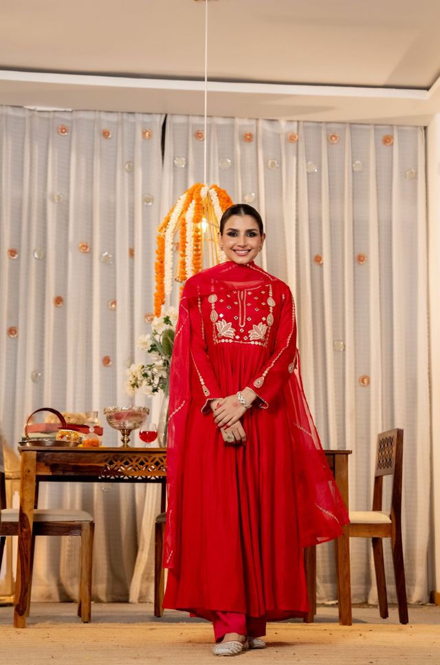 Red Color Chanderi Fabric Designer Embroidered Readymade Suit
