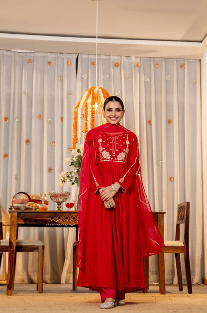 Red Color Chanderi Fabric Designer Embroidered Readymade Suit