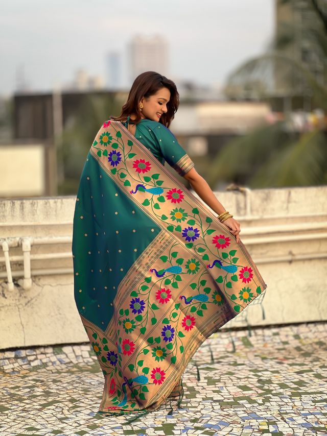 Rama Color Paithani Silk Fabric Woven Designer Partywear Saree