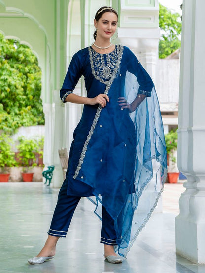 Teal Blue Color Designer Embroidered Silk Blend Ethnic Festive Special Suit