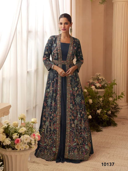 Heavy Silks Teal Long Top With Silk Shrug Free Size Upto 42