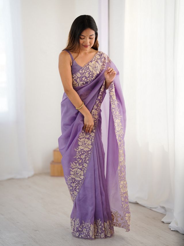 Lavender Color Candy Crush Fabric Beautiful Partywear Saree For Girlie Looks