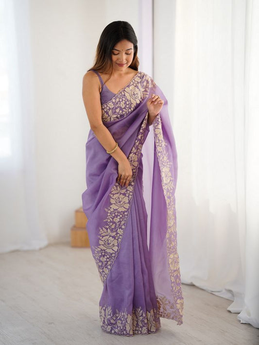 Lavender Color Candy Crush Fabric Beautiful Partywear Saree For Girlie Looks