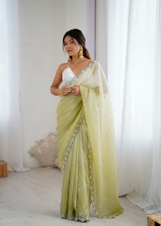 Green Color Chiffon Crush Fabric Beautiful Sophisticated Work Ceremonial Saree