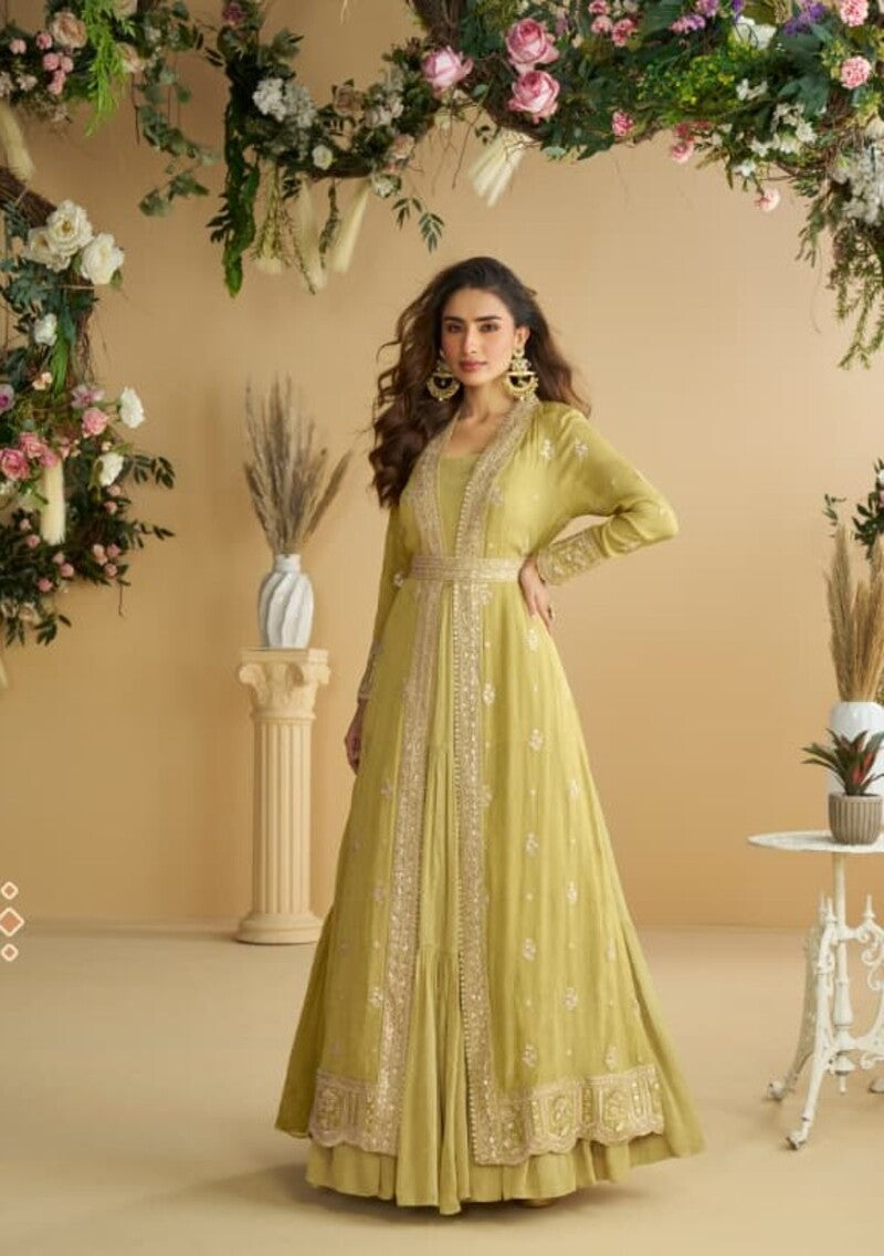 Chinon Silk Two Piece Full Stitched Gownd With Belt Size Upto 44