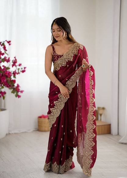 Wine Color Fendy Chiffon Fabric Beautiful Embroidered Saree