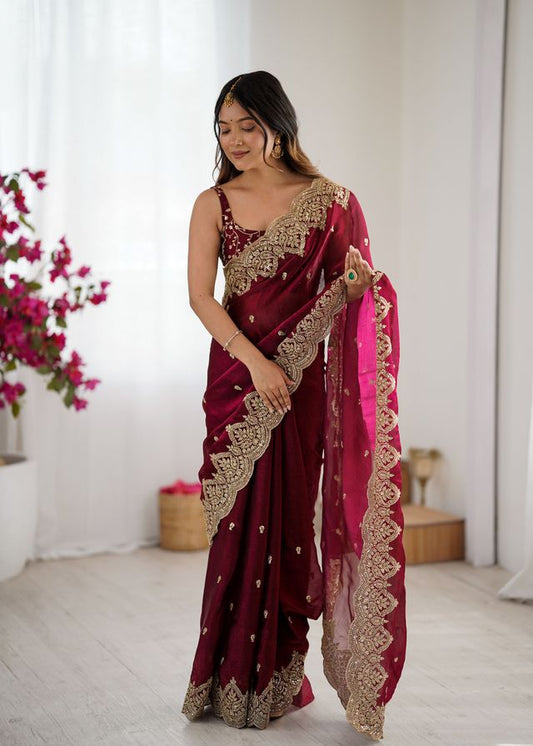Wine Color Fendy Chiffon Fabric Beautiful Embroidered Saree