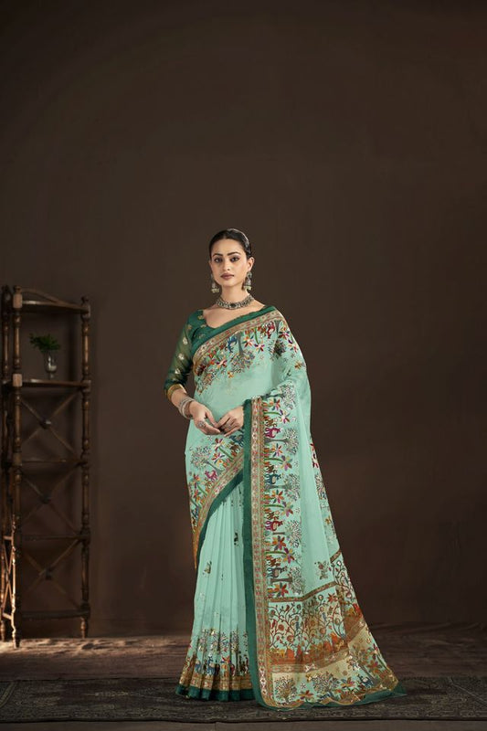Sky Blue Color Crepe Silk Fabric Designer Foil Printed Saree