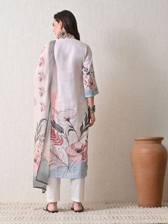 Grey Color Linen Fabric Designer Partywear Readymade Suit