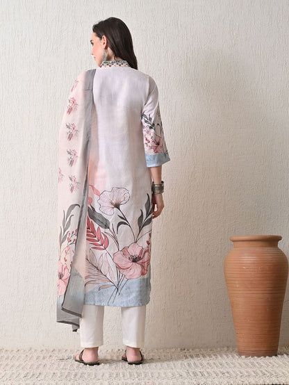 Grey Color Linen Fabric Designer Partywear Readymade Suit