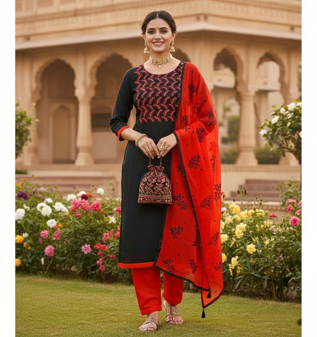 Black Color Cotton Slub Fabric Designer Casual Suit With Embroidery