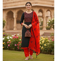 Black Color Cotton Slub Fabric Designer Casual Suit With Embroidery